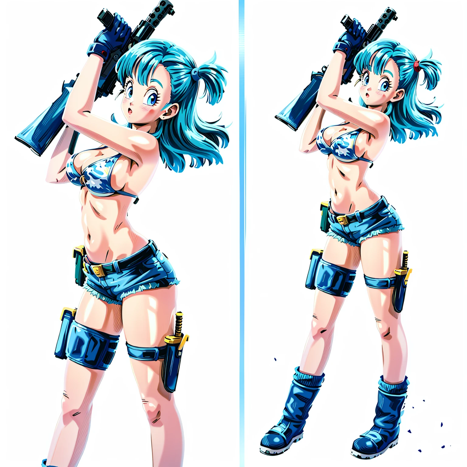 1girl, 独奏, gun, weapon, shorts, swimsuit, bulma, holster, boots, 比基尼, blue hair, gloves, breasts, blue eyes, one side up, 比基尼 top only, denim shorts, thigh holster, blue shorts, denim, short shorts, cleavage, navel, medium breasts, handgun, full body, long hair, midriff, belt, thigh strap，Red Hair