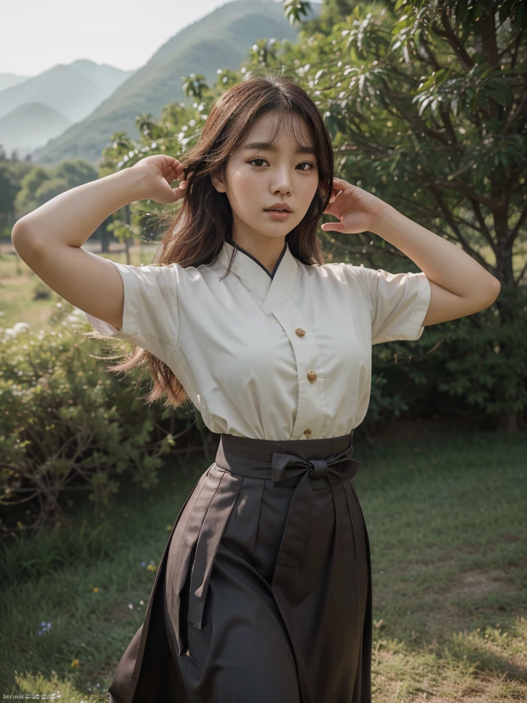 Seon Ji-hye is a young Korean woman with stunning beauty, whose presence captivates everyone around him. She has a slim and graceful figure, with a medium height that gives it a natural elegance. Your skin is a porcelain tone, smooth and without imperfections, reflecting a healthy, youthful glow. Your face is harmonious and delicate, with well-defined features that reveal an innate serenity. Their eyes, grandes e expressivos, they are a deep brown, quase negro, which conveys a sense of wisdom and inner strength. Long, curled lashes frame your eyes, further enhancing its beauty.
Ji-hye's hair is long and silky, falling gently over your shoulders to your waist. Glossy black, they shine in the sunlight, looking like black silk threads. She usually keeps them tied up in a simple, elegant bun., adorned with a red silk ribbon, which contrasts beautifully with the color of your hair. When released, Her hair dances in the wind, giving it an ethereal and enchanting air.
today, Ji-hye wears a traditional hanbok, a Korean costume that exudes history and culture. The skirt (Chima) It's a vibrant sky blue, broad and fluid, allowing you graceful and precise movements. To top (jeogori) It's white like snow, adjusted to highlight your delicate figure, with long, wide sleeves that flutter with every movement. The jeogori is adorned with subtle cherry blossom embroidery, symbolizing the ephemeral beauty of life. Around your waist, a norigae hangs elegantly, a traditional ornament that completes the look in a refined way.
In a serene field, surrounded by mountains and wildflowers, Ji-hye practices martial arts with unparalleled concentration and grace. Their movements are fluid and precise, a dance of strength and elegance. Every strike and parry is executed with almost supernatural precision., revealing years of hard training. Your bare feet move with agility and lightness on the grass,