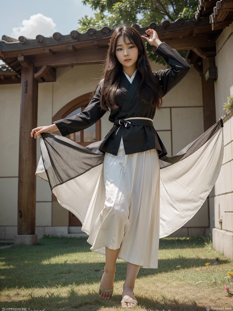 Seon Ji-hye is a young Korean woman with stunning beauty, whose presence captivates everyone around him. She has a slim and graceful figure, with a medium height that gives it a natural elegance. Your skin is a porcelain tone, smooth and without imperfections, reflecting a healthy, youthful glow. Your face is harmonious and delicate, with well-defined features that reveal an innate serenity. Their eyes, grandes e expressivos, they are a deep brown, quase negro, which conveys a sense of wisdom and inner strength. Long, curled lashes frame your eyes, further enhancing its beauty.

Ji-hye&#39;s hair is long and silky, falling gently over your shoulders to your waist. Glossy black, they shine in the sunlight, looking like black silk threads. She usually keeps them tied up in a simple, elegant bun., adorned with a red silk ribbon, which contrasts beautifully with the color of your hair. When released, Her hair dances in the wind, giving it an ethereal and enchanting air.

today, Ji-hye wears a traditional hanbok, a Korean costume that exudes history and culture. The skirt (Chima) It&#39;s a vibrant sky blue, broad and fluid, allowing you graceful and precise movements. To top (jeogori) It&#39;s white like snow, adjusted to highlight your delicate figure, with long, wide sleeves that flutter with every movement. The jeogori is adorned with subtle cherry blossom embroidery, symbolizing the ephemeral beauty of life. Around your waist, a norigae hangs elegantly, a traditional ornament that completes the look in a refined way.

In a serene field, surrounded by mountains and wildflowers, Ji-hye practices martial arts with unparalleled concentration and grace. Their movements are fluid and precise, a dance of strength and elegance. Every strike and parry is executed with almost supernatural precision., revealing years of hard training. Your bare feet move with agility and lightness on the grass, 