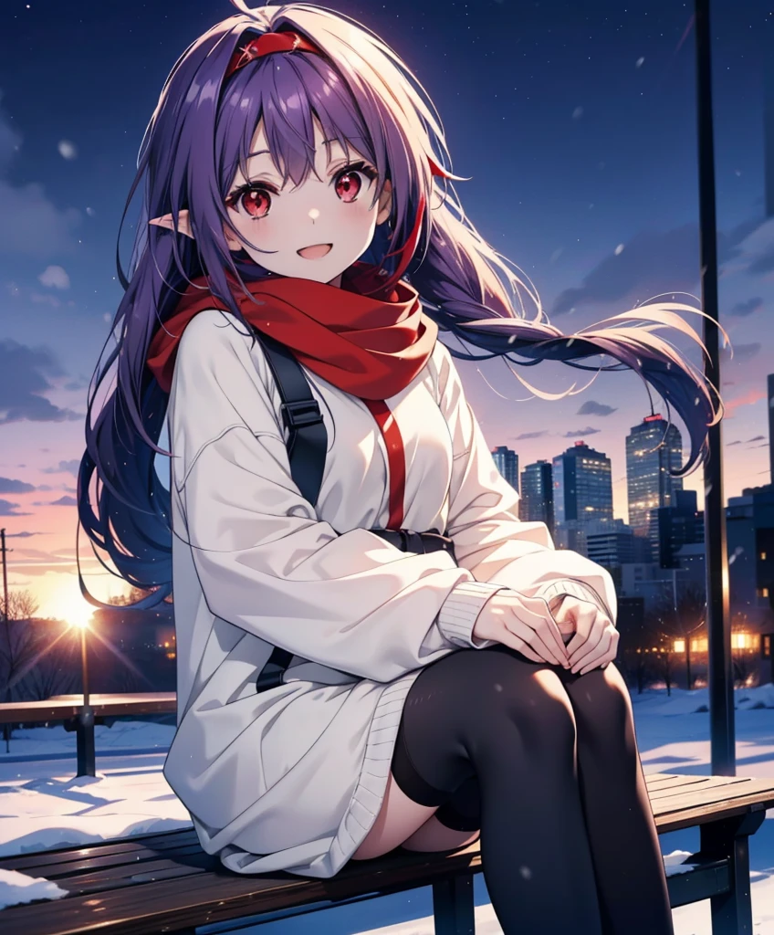 yuukikonno, Konno Yuuki, Long Hair, Pointed Ears, Purple Hair, (Red eyes:1.5), (Small breasts:1.2), Open your mouth,happy smile, smile, Open your mouth,hair band,low twin tail,Red Scarf,Oversized purple hoodie,Long skirt,Black pantyhose,short boots,Holding a paper cup of coffee in both hands,Sitting on a bench,snowが降っている,snowが降り積もっている,snow,snow,snow,snow,snowが積もった木,winter,Cold Sky,night,whole bodyがイラストに入るように,
break looking at viewer, whole body,
break outdoors, garden,
break (masterpiece:1.2), Highest quality, High resolution, unity 8k wallpaper, (figure:0.8), (Beautiful attention to detail:1.6), Highly detailed face, Perfect lighting, Highly detailed CG, (Perfect hands, Perfect Anatomy),