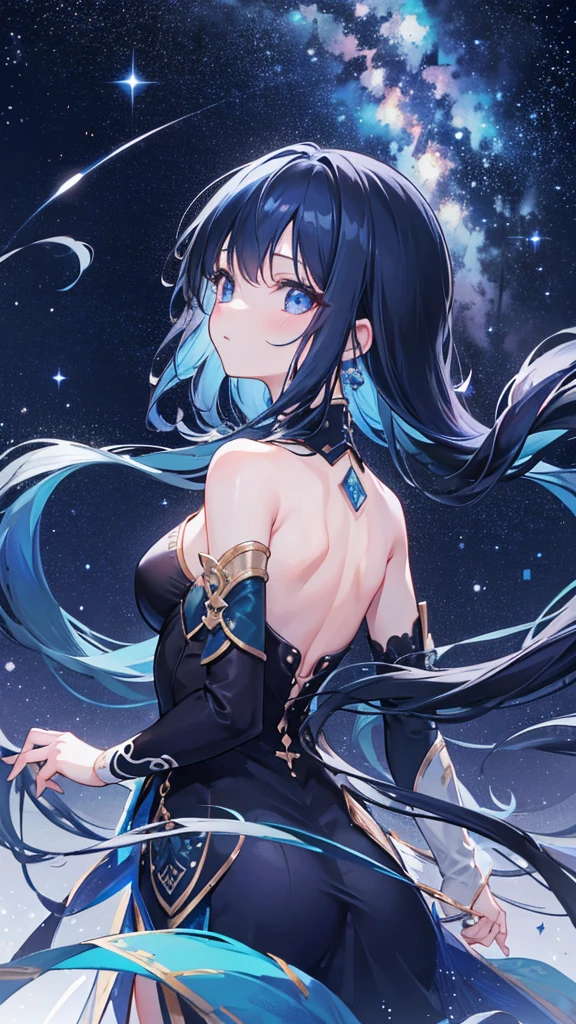High resolution, One girl, Long Hair, The tips of the hair are blue、Looking up、Back view、Black Hair、Night view、milky way、