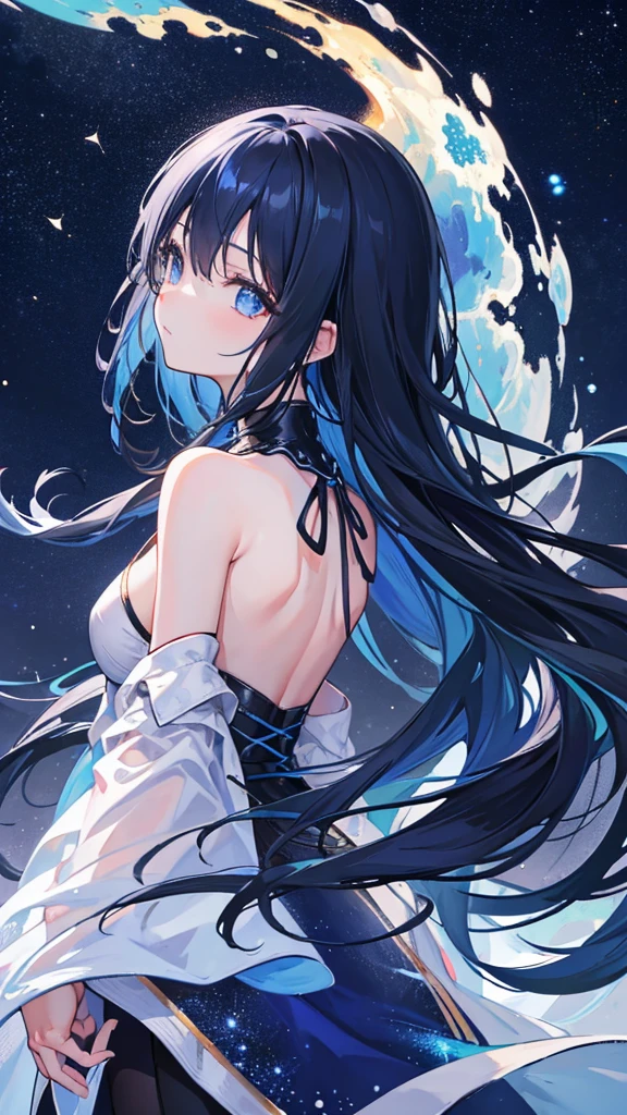 High resolution, One girl, Long Hair, The tips of the hair are blue、Looking up、Back view、Black Hair、Night view、milky way、
