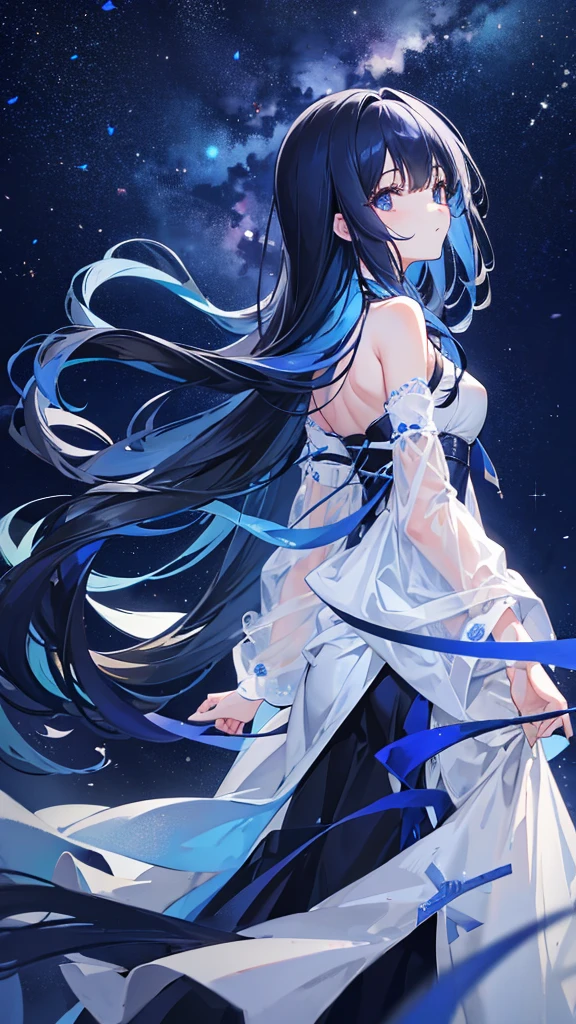 High resolution, One girl, Long Hair, The tips of the hair are blue、Looking up、Back view、Black Hair、Night view、milky way、