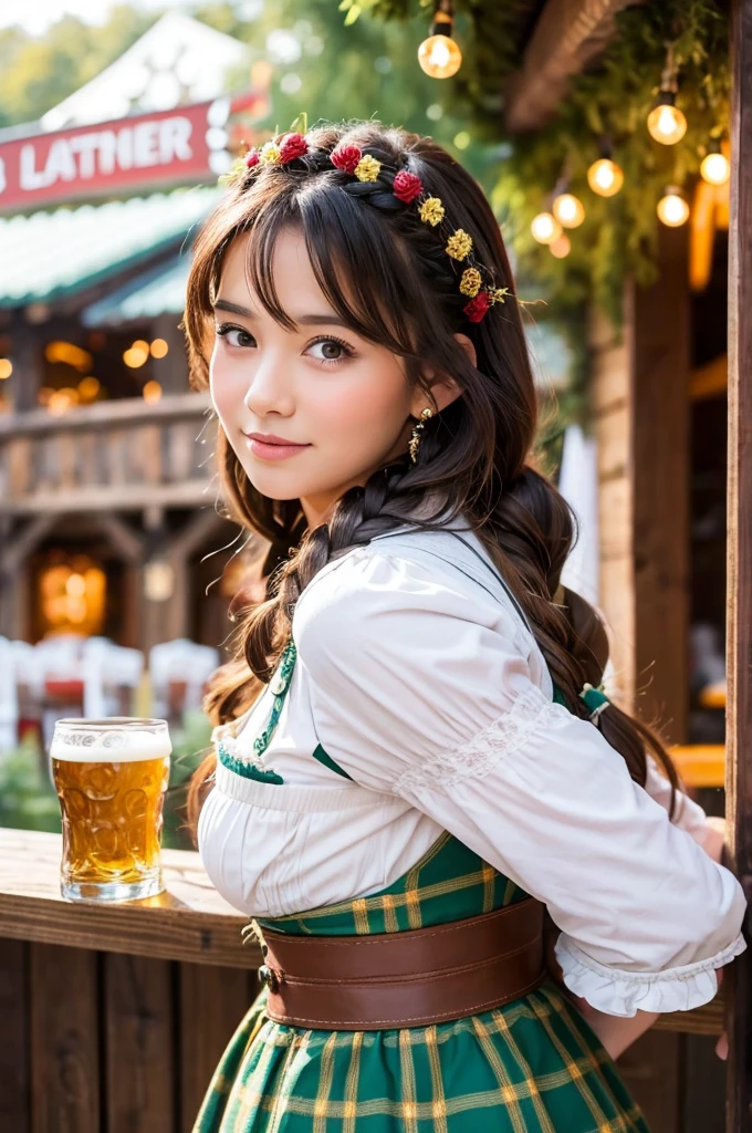 A stunning Oktoberfest maiden, donning a traditional Dirndl, her raven locks gathered into beautiful braids that cascade down her back. Her piercing eyes, adorned with intricate eyelashes, gaze directly at the viewer, exuding warmth and joy. Framed by the rustic wooden background of a festive beer garden, she poses confidently head and shoulders forward, inviting us to join in the merriment.A stunning Oktoberfest maiden, donning a traditional Dirndl, her raven locks gathered into beautiful braids that cascade down her back. Her piercing eyes, adorned with intricate eyelashes, gaze directly at the viewer, exuding warmth and joy. Framed by the rustic wooden background of a festive beer garden, she poses confidently head and shoulders forward, inviting us to join in the merriment.
