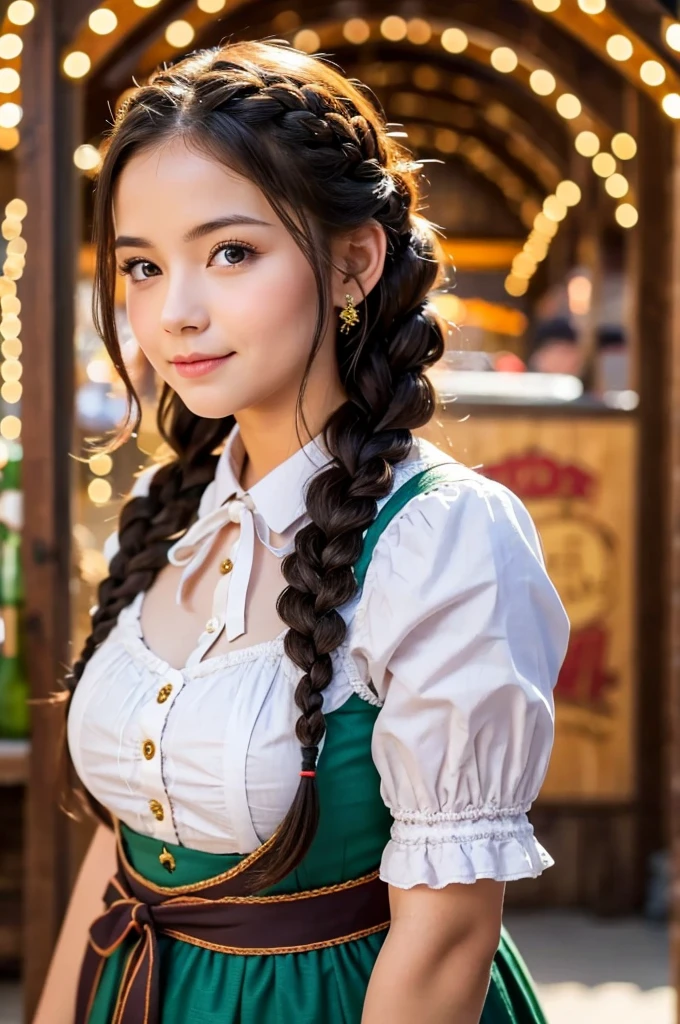 A stunning Oktoberfest maiden, donning a traditional Dirndl, her raven locks gathered into beautiful braids that cascade down her back. Her piercing eyes, adorned with intricate eyelashes, gaze directly at the viewer, exuding warmth and joy. Framed by the rustic wooden background of a festive beer garden, she poses confidently head and shoulders forward, inviting us to join in the merriment.A stunning Oktoberfest maiden, donning a traditional Dirndl, her raven locks gathered into beautiful braids that cascade down her back. Her piercing eyes, adorned with intricate eyelashes, gaze directly at the viewer, exuding warmth and joy. Framed by the rustic wooden background of a festive beer garden, she poses confidently head and shoulders forward, inviting us to join in the merriment.
