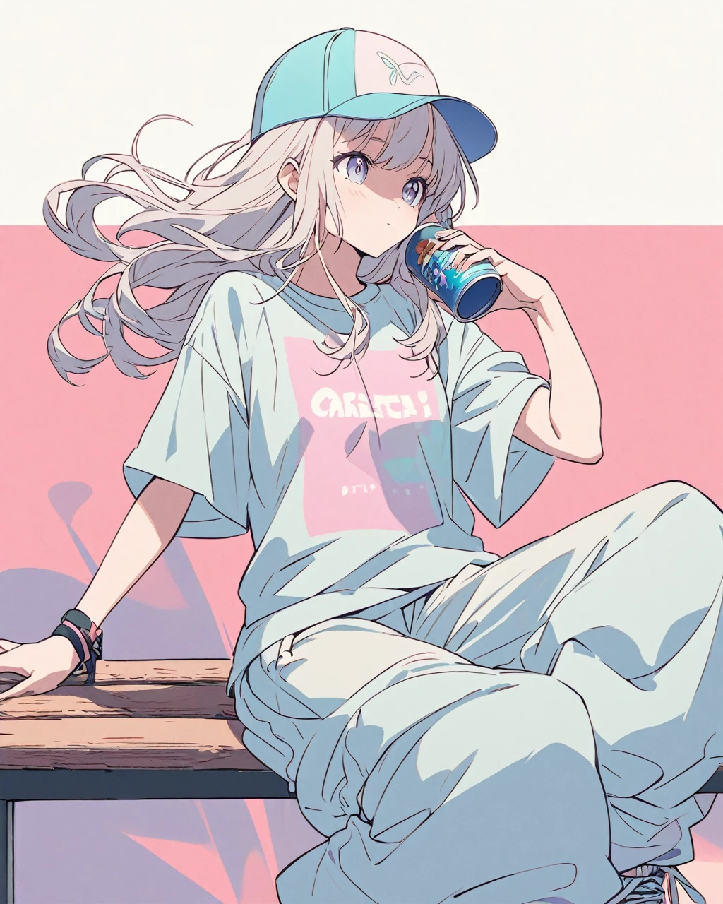 Create a detailed anime illustration of a girl with long, flowing hair and a casual streetwear outfit, including a baseball cap, baggy pants, and a graphic t-shirt. She is seated on a bench, holding a drink can, with a serene expression. Use a two-tone pastel background to highlight the modern and minimalist setting