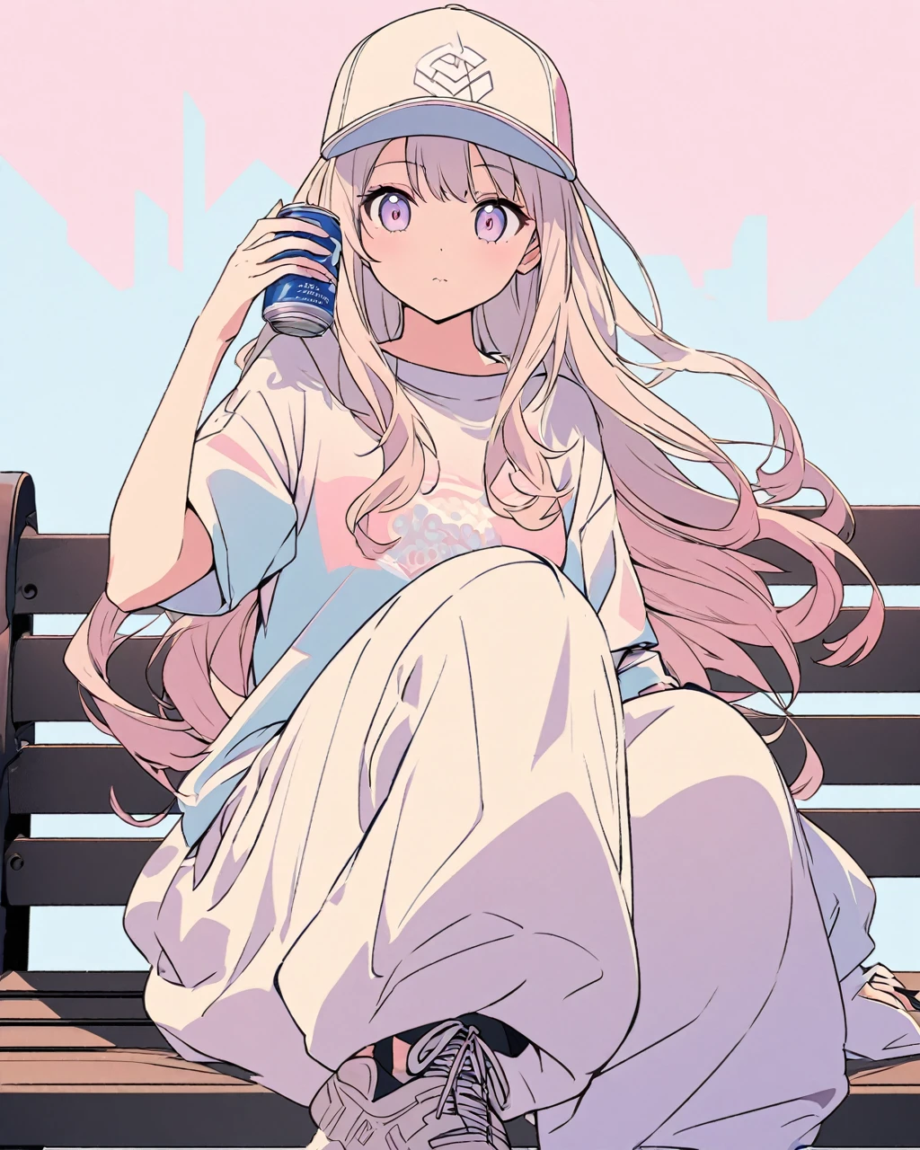 Create a detailed anime illustration of a girl with long, flowing hair and a casual streetwear outfit, including a baseball cap, baggy pants, and a graphic t-shirt. She is seated on a bench, holding a drink can, with a serene expression. Use a two-tone pastel background to highlight the modern and minimalist setting