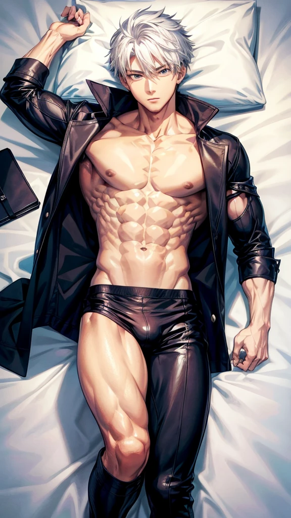 Anime guy about  without outerwear. Muscular with 6-pack abs and back. With white hair. Lying on the bed. 