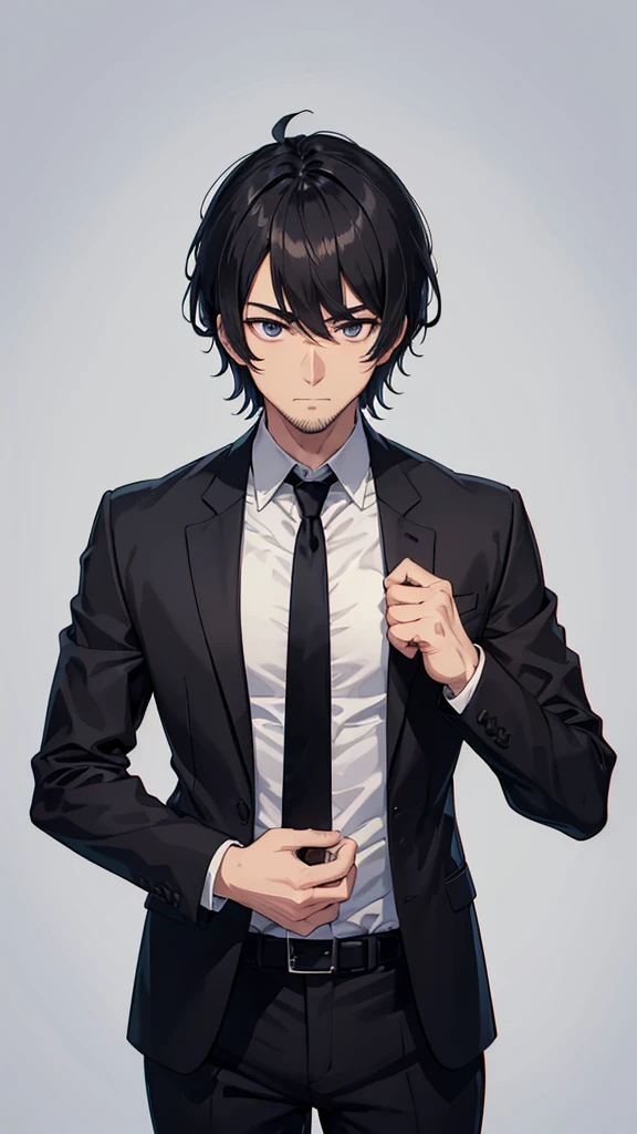 male、32 years old、less beard、Tired face、Glaring eyes、Long bangs parted、Shot from the thigh up、Are standing、looking at the camera、Black suit、Plain white background、Single、Japanese salaryman、Simple poses