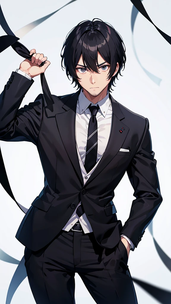 male、32 years old、less beard、Tired face、Glaring eyes、Long bangs parted、Shot from the thigh up、Are standing、looking at the camera、Black suit、Plain white background、Single、Japanese salaryman、Simple poses