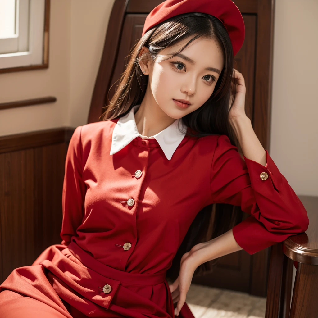 1 woman, red maid uniform
