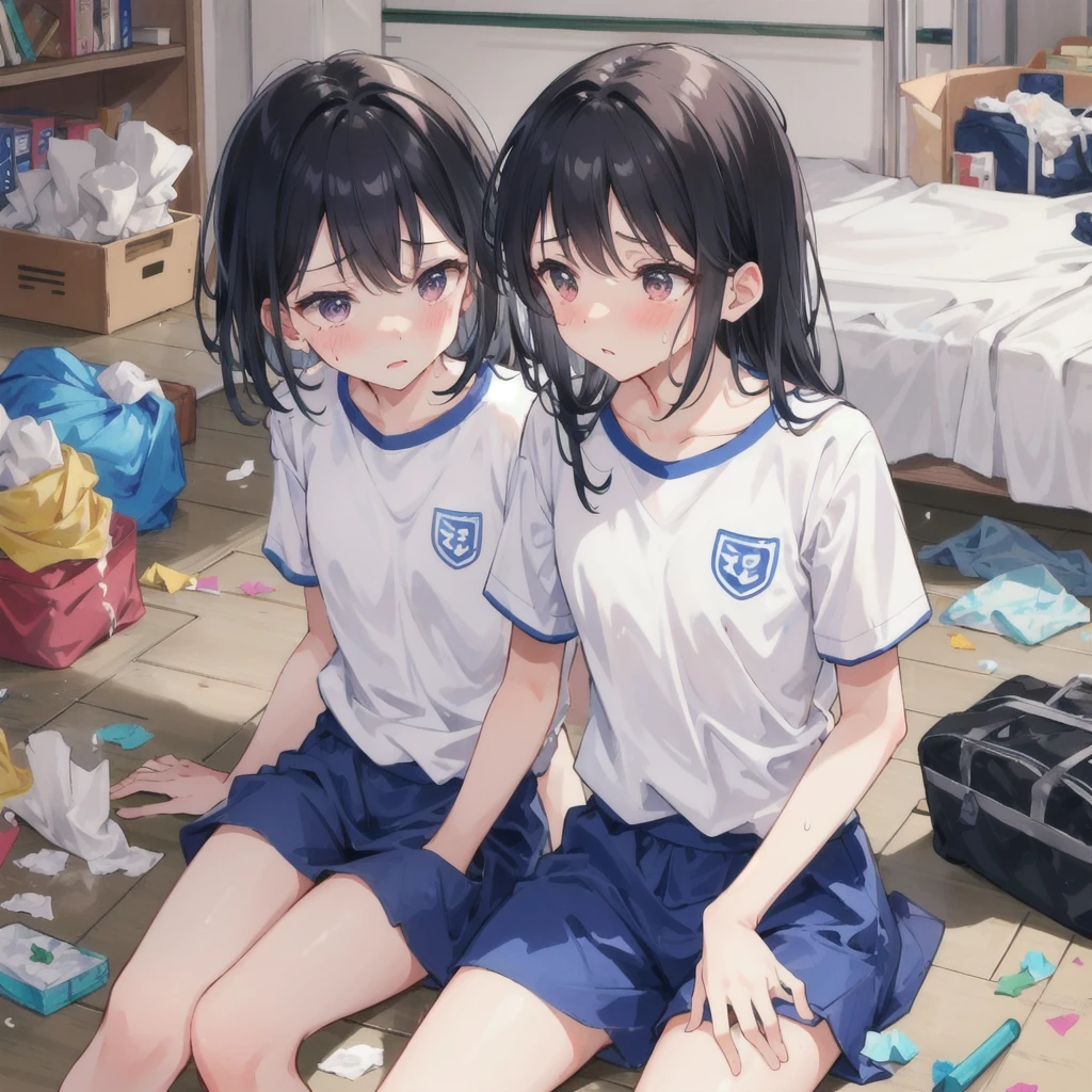 The whole body is covered in oilで光沢感がある Tear up rolled tissue paper, Crumpled tissue paper, A small piece of tissue paper that fell to the ground, Excessive sweating on the face,Sweat dripping down,Sit on the bed, Dirty duvet Very old gym mat ,Gymnasium Warehouse, There are a lot of used tissues on the floor , Crumpled trash is scattered all over the place., Jim Matt, Messy room, I am going to cry Embarrassing Dimly lit room Hardwood Floors Scattered small rolls of tissue paper The upper body is school'Designated white gym uniform., Blue Sleeves The bottom half is blue bloomers Close-fitting shorts high school student Illustration Style Anime Style Small lips beautiful girl Very cute clothes Cheeks pink Light purple hair Blonde long hair super curly hair Super long sideburns Rubber clothing hair band Pearl white silk tights that become transparent when wet White super long boots Big eyes Droopy eyes Shocking Pink Rouge Sweating profusely Crushed tissue paper The whole body is wet from rain Steam coming out of the whole body Steam rises across the screen. white breath Haa The whole body is covered in oil evening Overall orange background Sunset sunshine全身図 The whole body fits on the screen The whole body is covered in oilで光沢感がある 小さくTear up rolled tissue paper, Crumpled tissue paper, A piece of torn tissue paper that fell to the ground, Excessive sweating on the face,Sweat dripping down,汚れたSit on the bed, Dirty futon with gold stains Dirty old gym mat ,Gymnasium Warehouse, There are lots of tiny pieces of tissue paper on the floor. , Crumpled trash is scattered all over the place., とても汚れたJim Matt, Messy room, Scared I am going to cry Embarrassing Dimly lit room Hardwood Floors Scattered small rolls of tissue paper Wearing a little white sailor suit high school student Illustration Style Anime Style Small lips Frightened face Baby Face beautiful girl Very cute clothes Cheeks pink Light purple hair Blonde long hair super curly hair Super long sideburns Rubber clothing hair band Pearl white silk tights that become transparent when wet White super long boots Big eyes Droopy eyes Stern expression Shocking Pink Rouge Sweating profusely Crushed tissue paper The whole body is wet from rain Mucus clings to the whole body Steam coming out of the whole body Steam rises across the screen. white breath Haa The whole body is covered in oil evening Overall orange background Sunset sunshine