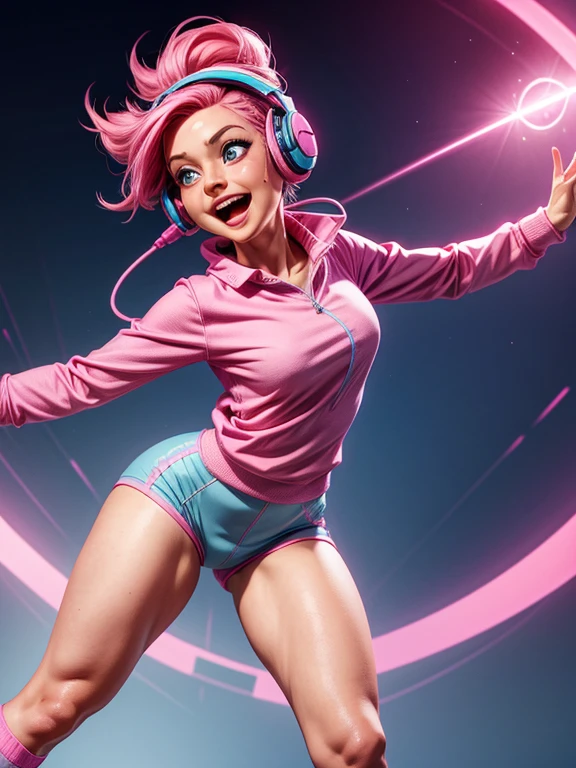 a woman with pink hair, fair skin, blue eyes, wearing a pink long-sleeved shirt, blue headphones, knee socks, strong legs. expression of joy, happiness, dynamic pose.