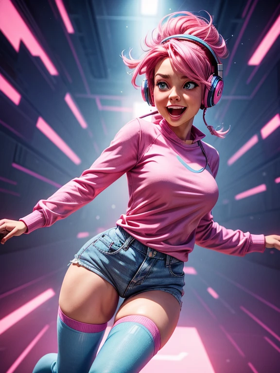 a woman with pink hair, fair skin, blue eyes, wearing a pink long-sleeved shirt, blue headphones, knee socks, strong legs. expression of joy, happiness, dynamic pose.