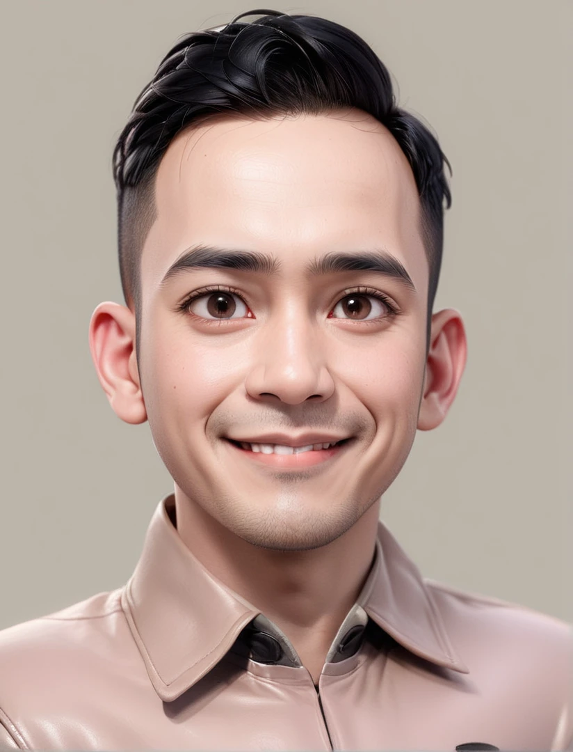Create a 3D animation of a cartoon caricature with a big head. a 20 year old Indonesian man. He has short black hair parted on the right side. His face is oval with smooth lines, thick and neat black eyebrows, normal eyes, a big nose, and thin lips with a wide, friendly smile. He wore a light gray leather jacket over a white t-shirt. Gradient blue background with professional lighting. masterpiece, top quality, highly detailed skin and face, ultra-realistic, high definition, studio lighting, sharp focus, 2/3 body angle, Concept Art, 3D rendering.