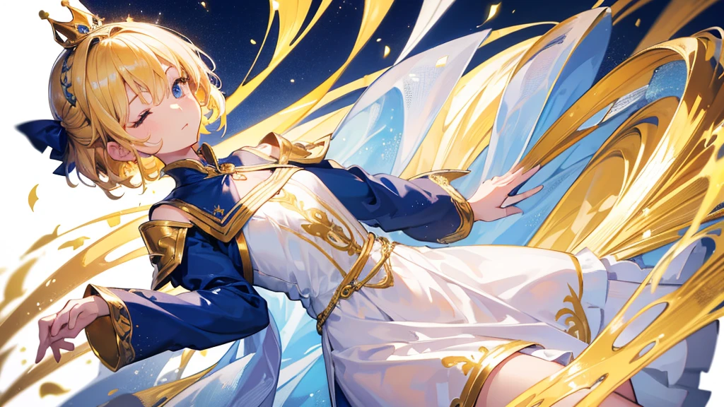 (Highest quality) (4K) (8k) (High resolution) (masterpiece:1.2) (Super detailed) One girl short hair Wizard Blue Eyes Long sleeve Golden decoration Hair between the eyes Closed Mouth White Dress Wavy golden hair Upper Body crown (White Background) cute Young