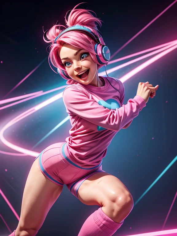 a woman with pink hair, fair skin, blue eyes, wearing a pink long-sleeved shirt, blue headphones, knee socks, strong legs. expression of joy, happiness, dynamic pose.