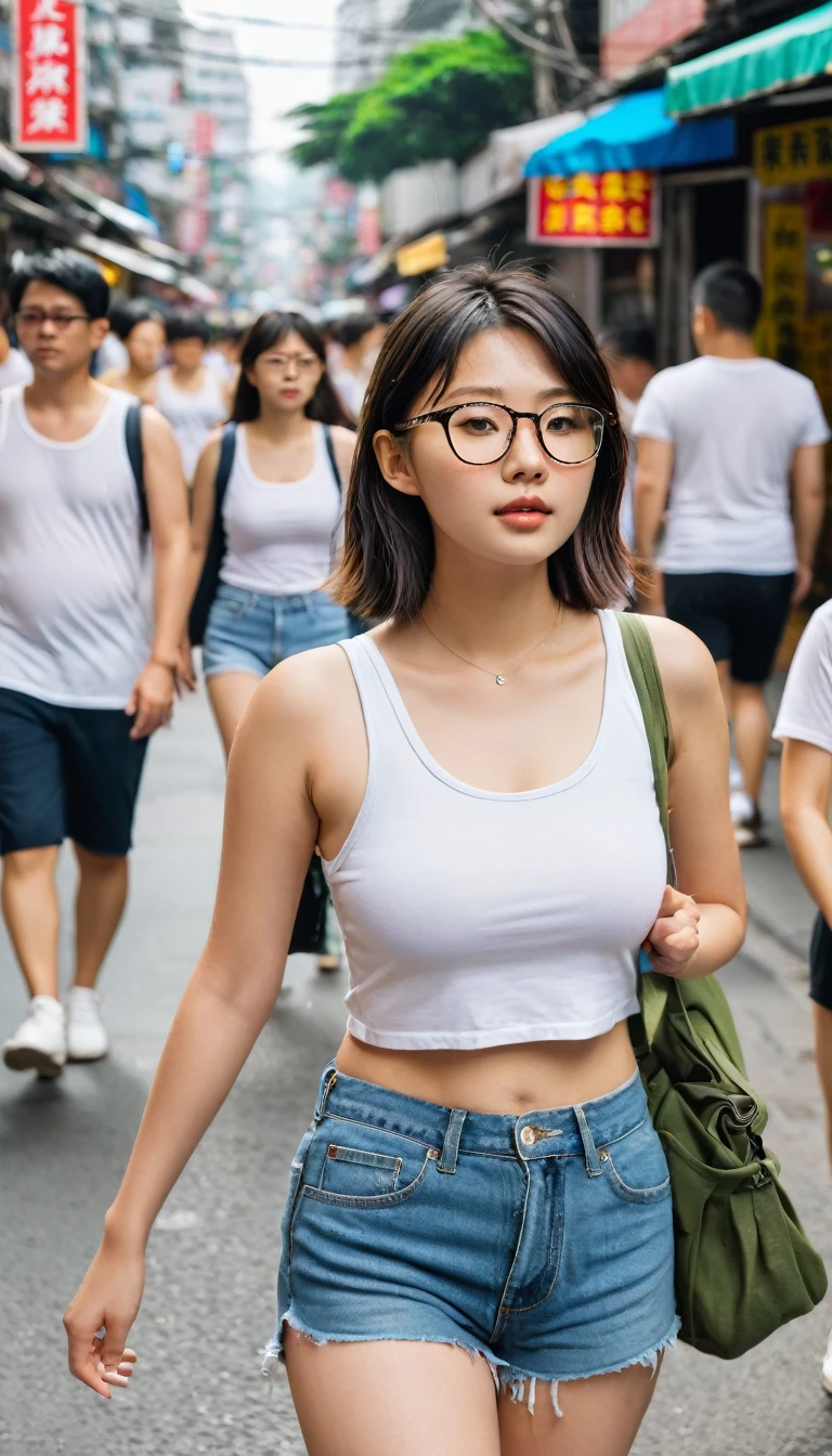 make bud123no style pictures. a beautiful Taiwanese girl with a fat posture walks down the street amidst busy people wearing glasses and a wet white jumbo iced tea crop tank top
