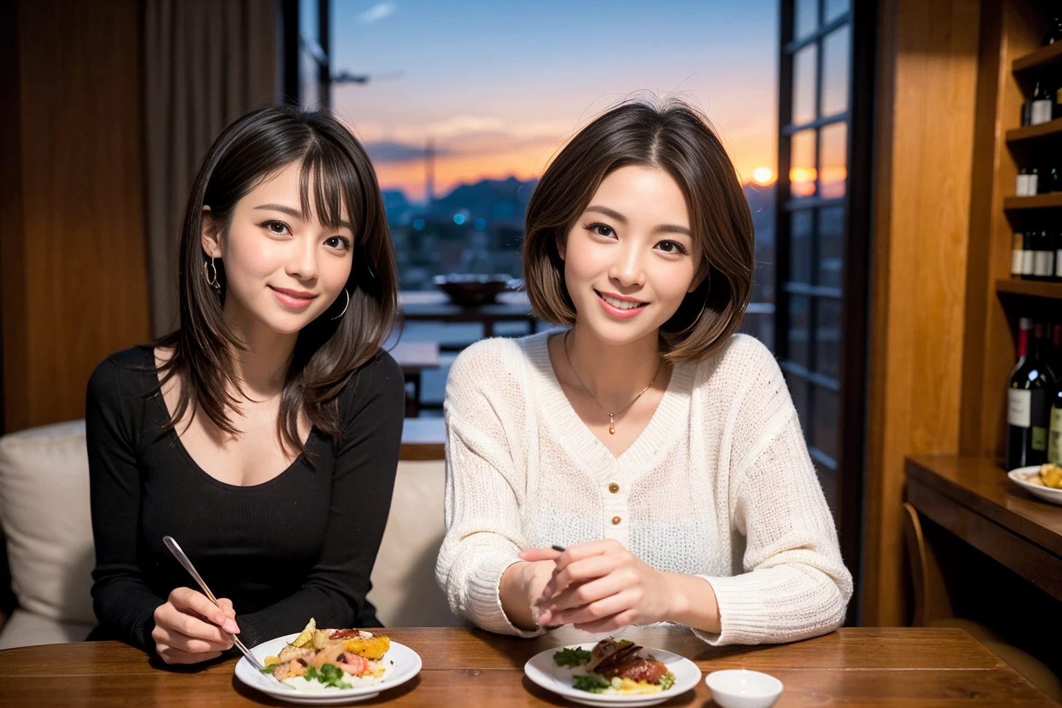 （Realistic:1.1）,(masterpiece,Highest quality)，8k,(38 years old), 42 years old, slimカップル、Model Couple、Actress/Actor、Tight waist,Upper Body,full-course dinner、wine 、Amazing view of the sunset sky and clouds、Perfect ???????, Brown Hair, Short Hair,Random Hairstyles,((Highly detailed face and eyes:1.2))(cute顔:1.4)，Beautiful actress face，Perfect golden ratio face，Long sleeve shirt、dress,(smile:1.2)、Shortcuts、cute、(Realistic, Intricate details:1.2), A bright smile、short hair,Bright Face、赤wine 、Appetizers、Italian food、wine bottle、Champagne、スパークリングwine、(slimな顔), (The body is slim), (Brown Hair), (Shortcuts),  Upper Body, 白wine, slim, wineグラス, 