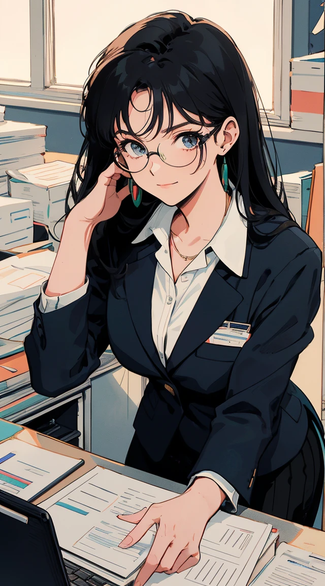 A 90s style anime young woman in her 20s, dressed in a professional business suit with a blazer and skirt, wearing glasses, standing in the middle of a financial office. She looks confident and persuasive, with a slight smile on her face and a determined expression. She is a financial advisor with ADHD and INFP traits, working hard at her job. She is holding a portfolio of documents, and around her are desks with computers, financial charts, and paperwork. Above her head, a speech balloon reads 'Let's achieve your financial goals', 6 divisions, various poses and expressions