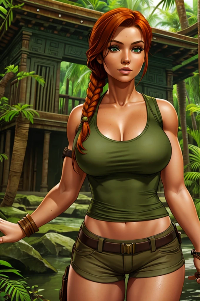Jennifer Korbin, ginger hair, cosplaying lara croft, tan shorts, green top, jungle temple