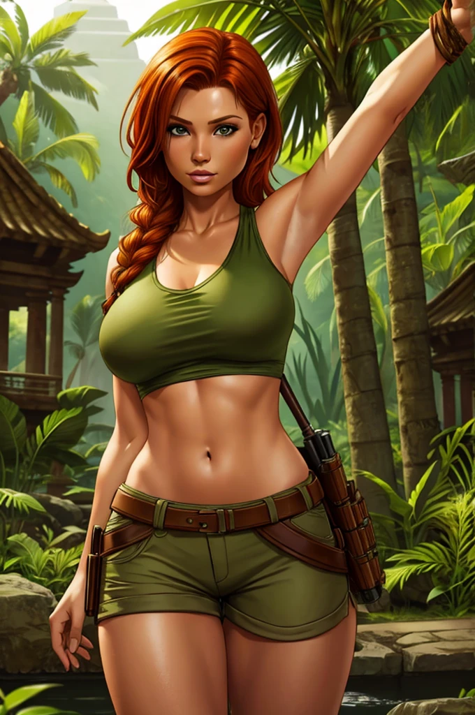 Jennifer Korbin, ginger hair, cosplaying lara croft, tan shorts, green top, jungle temple