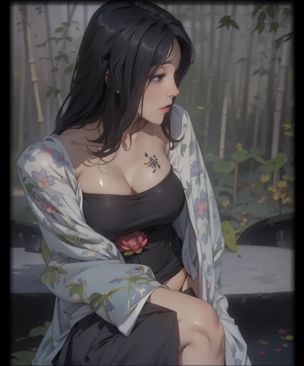 1 female，25 years old，Slim，Very large ， and thin waist，Long legs， 1 female，25 years old，MILF，Big  and thin waist，Slim，Large  ，exposure， solo，（background：bamboo forest，lotus，lotus，Lotus Pool） She has short silver-white hair，Stand up，Soaked，From the front， Straight Hair， partly cloudy，（（（masterpiece），（Very detailed CG unified 8K wallpaper），Best quality，Movie Lighting，Detailed background，Beautiful and delicate eyes，Smart pupils，black eyes，（Very delicate and beautiful），（Beautiful and detailed description of the eyes），Ultra Detailed，masterpiece，）），Facing the camera，high resolution，Ultra Detailed），Exposing breasts，Exposed ， Convex，Legs open，convex sexy，camel toe，flushed face front，High School Students（Wear：mini, deep neck , v-shaped croptop, Cleavage, , short skirt, mini skirt, one quarter skirt with stitch color tattoo, cute tattoo, stitch color fancy tattoo