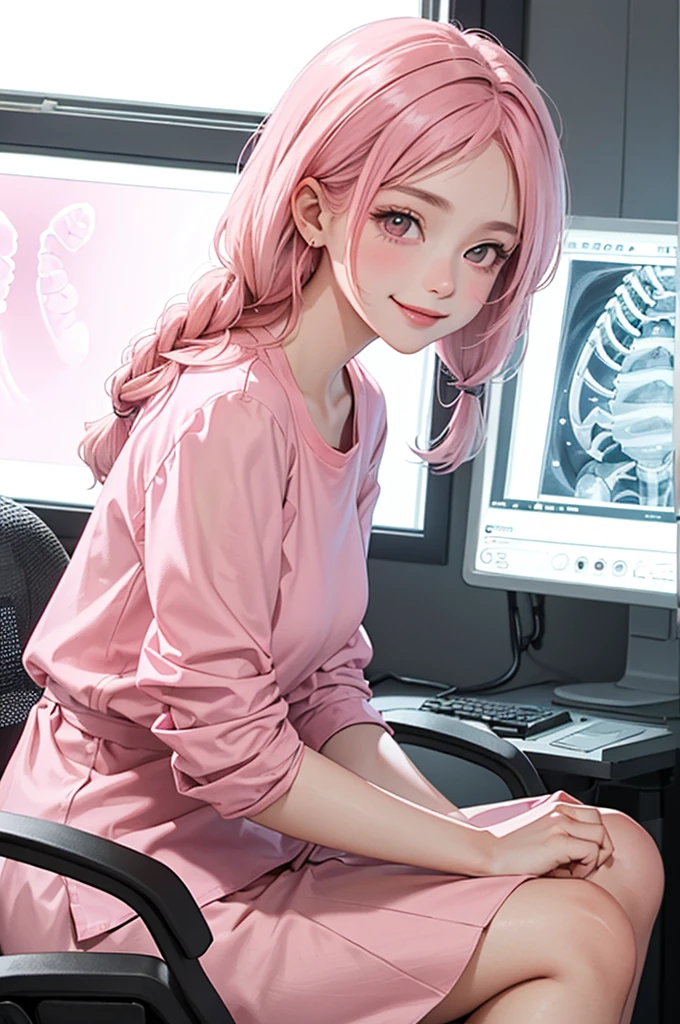 1 girl, age 5-6 years ,Solo, sitting (Looking at the audience), (pink shirt:1.5), long skirt ,Stylish clothes childish woman /(pink hair/) Braided hair, smiling kindly (The best quality masterpiece:1.2) , Delicate illustrations, Special details, (hospital examination room) In the building, desk (X-ray image of the lungs:1.2) Detailed background