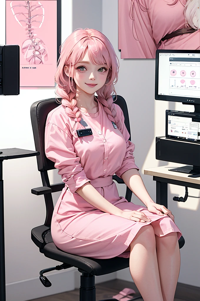 1 girl, age 5-6 years ,Solo, sitting (Looking at the audience), (pink shirt:1.5), long skirt ,Stylish clothes childish woman /(pink hair/) Braided hair, smiling kindly (The best quality masterpiece:1.2) , Delicate illustrations, Special details, (hospital examination room) In the building, desk (X-ray image of the lungs:1.2) Detailed background