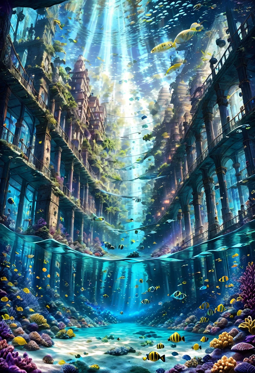 masterpiece, highest quality, ultra-detailed, high-definition background, 8K, hi-res, high quality. An underwater city with ancient ruins and modern architecture intertwined, lush, colorful coral reefs surrounding the city, schools of vibrant fish swimming through the buildings, a serene, tranquil atmosphere with soft, ethereal lighting filtering through the water, bright sunlight streaming from the surface, creating shimmering patterns, gentle illumination from bioluminescent organisms. Wide-angle shot to capture the expanse of the underwater city, slightly tilted angle to give a sense of depth and immersion, lens flare, fractal patterns, link flare, luminogram effects, multiple exposure, Christian Lassen, ghost ship, shipwreck, ancient ruins, building. Crystal clear water, enhanced transparency, and a dreamy, ethereal glow. A sense of decay and abandonment, with overgrown algae and crumbling structures.((sea ​​creatures,Marine creatures, lush vegetation:,A beautiful city))