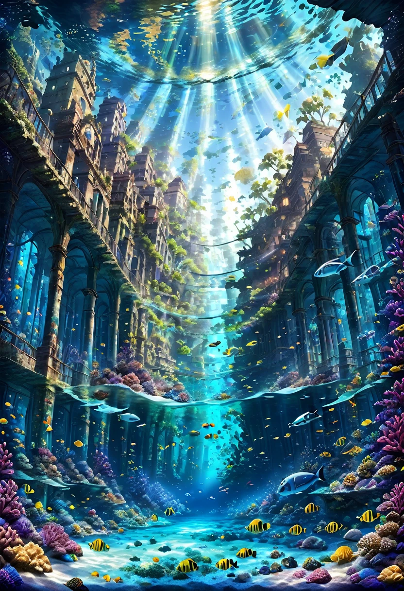 masterpiece, highest quality, ultra-detailed, high-definition background, 8K, hi-res, high quality. An underwater city with ancient ruins and modern architecture intertwined, lush, colorful coral reefs surrounding the city, schools of vibrant fish swimming through the buildings, a serene, tranquil atmosphere with soft, ethereal lighting filtering through the water, bright sunlight streaming from the surface, creating shimmering patterns, gentle illumination from bioluminescent organisms. Wide-angle shot to capture the expanse of the underwater city, slightly tilted angle to give a sense of depth and immersion, lens flare, fractal patterns, link flare, luminogram effects, multiple exposure, Christian Lassen, ghost ship, shipwreck, ancient ruins, building. Crystal clear water, enhanced transparency, and a dreamy, ethereal glow. A sense of decay and abandonment, with overgrown algae and crumbling structures.((sea ​​creatures,Marine creatures, lush vegetation:,A beautiful city))