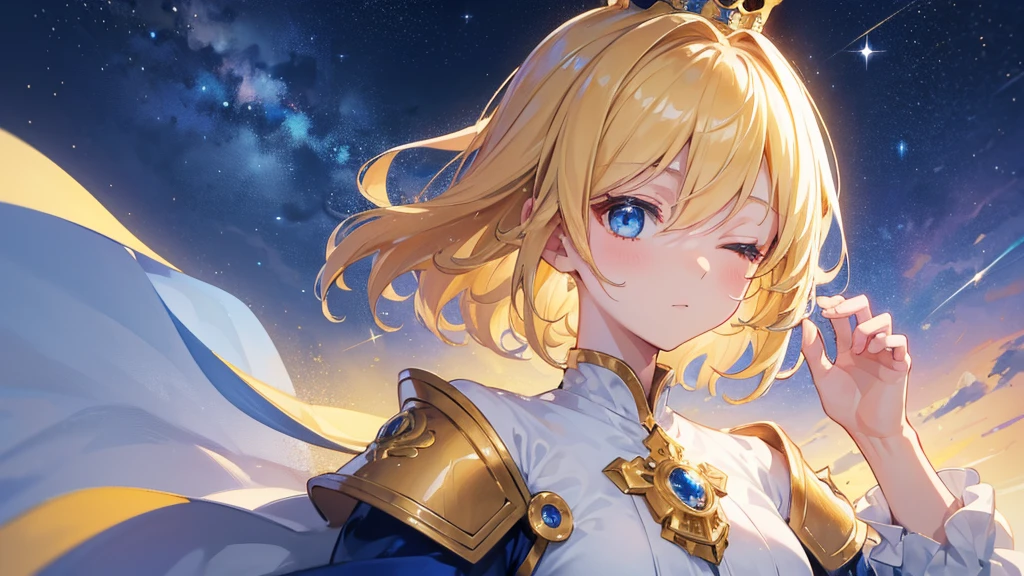 (Highest quality) (4K) (8k) (High resolution) (masterpiece:1.2) (Super detailed) One girl short hair Wizard Blue Eyes Long sleeve Golden decoration Hair between the eyes Closed Mouth White Dress Wavy golden hair Upper Body crown (White Background) cute Young