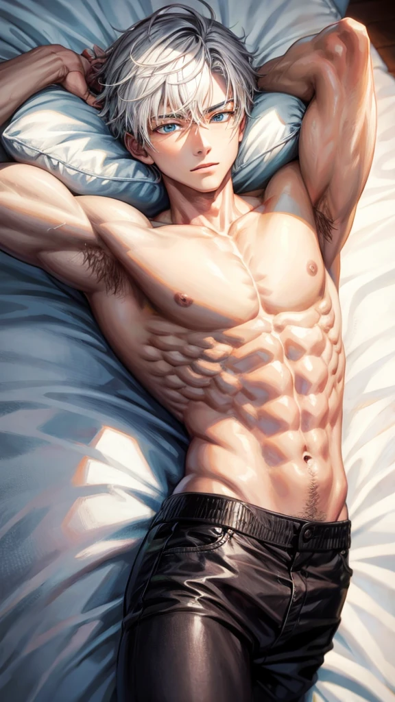 Anime guy about 16 without outerwear. Muscular with 6-pack abs and back. With white hair. Lying on the bed.