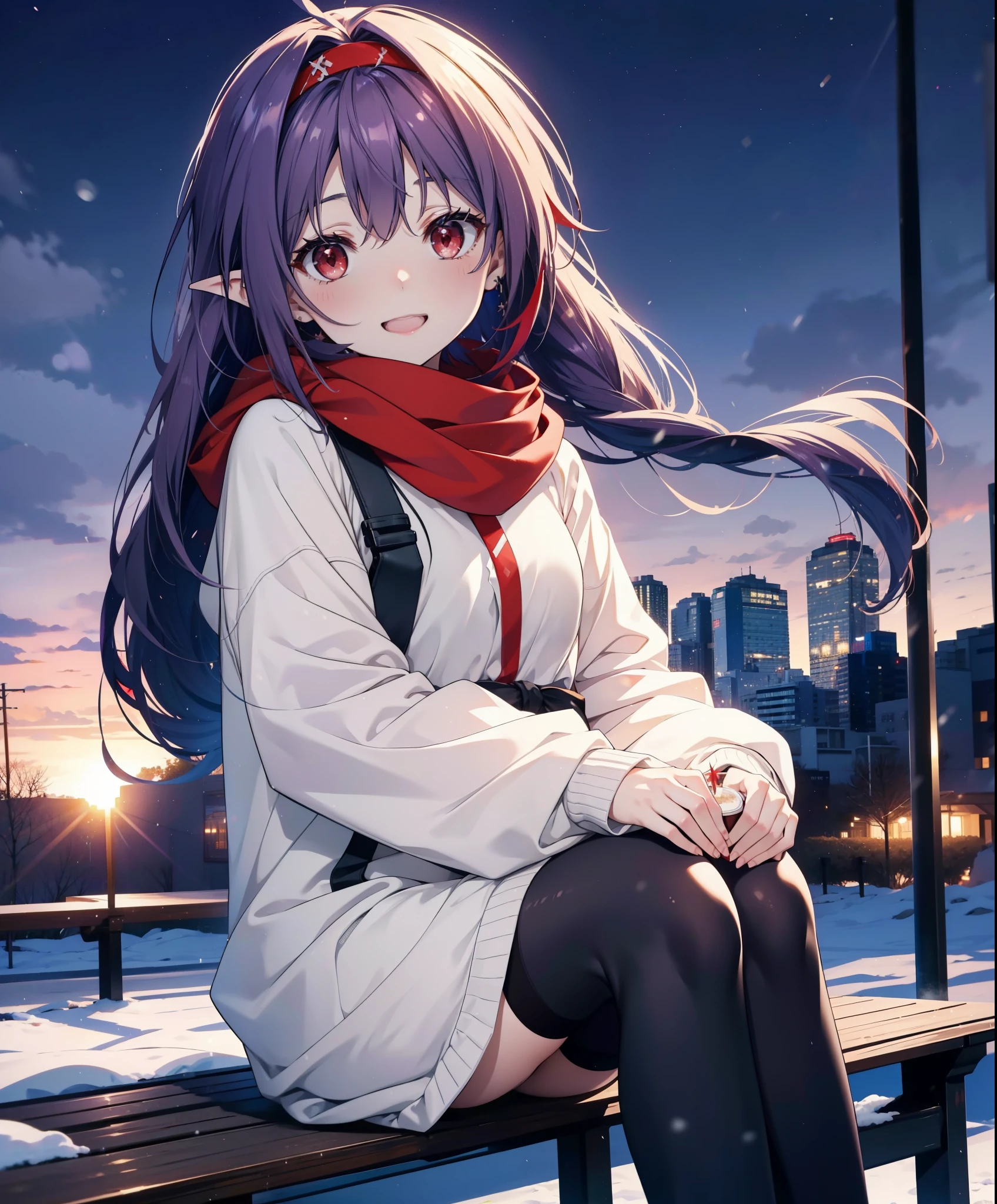 yuukikonno, Konno Yuuki, Long Hair, Pointed Ears, Purple Hair, (Red eyes:1.5), (Small breasts:1.2), Open your mouth,happy smile, smile, Open your mouth,hair band,low twin tail,Red Scarf,Oversized purple hoodie,Long skirt,Black pantyhose,short boots,Holding a paper cup of coffee in both hands,Sitting on a bench,snowが降っている,snowが降り積もっている,snow,snow,snow,snow,snowが積もった木,winter,Cold Sky,night,whole bodyがイラストに入るように,
break looking at viewer, whole body,
break outdoors, garden,
break (masterpiece:1.2), Highest quality, High resolution, unity 8k wallpaper, (figure:0.8), (Beautiful attention to detail:1.6), Highly detailed face, Perfect lighting, Highly detailed CG, (Perfect hands, Perfect Anatomy),