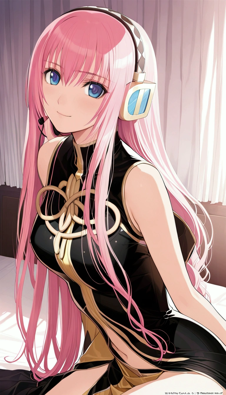 masterpiece,Detailed and beautiful depiction 1.1,Official Art,Beautiful adult woman ,Megurine Luka,Megurine Lukaの公式衣装,headphone,Black and gold costume,Pink long hair,blue eyes,smile,Bedroom