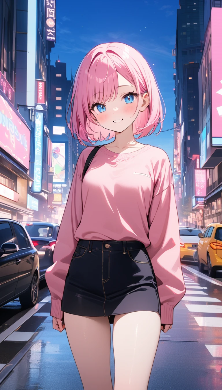 (1 girl),(Best Picture Quality, 8K, Masterpiece:1.3), (high school student:1.5), ((pink lob hair:1.1)), (bob cut),(swept bangs), (cute eyes, pupil black, iris skyblue, youthful face), (mole under right eye), (standard weight), (small breasts), (glistening skin:1.1),(pale skin:1.2),((Minimalist fashion)),((City)),(magnificent view),(Smile).