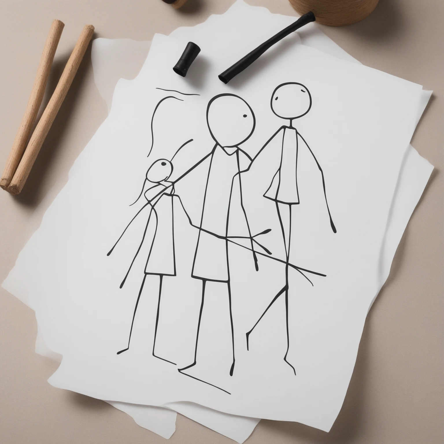 a close up of a white and black piece of paper of a stick figure and stick figure mother ,