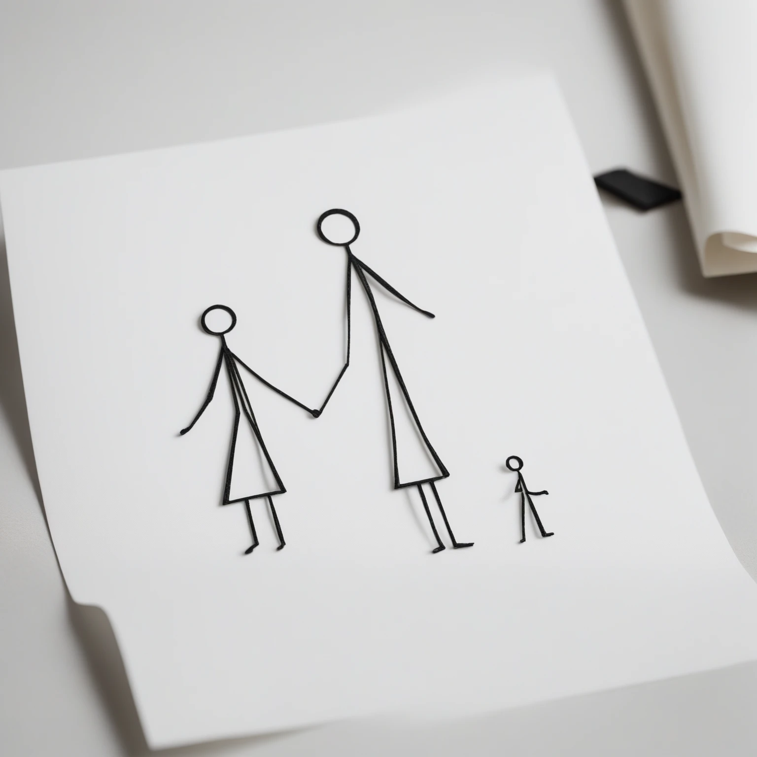 a close up of a white and black piece of paper of a stick figure and stick figure mother ,