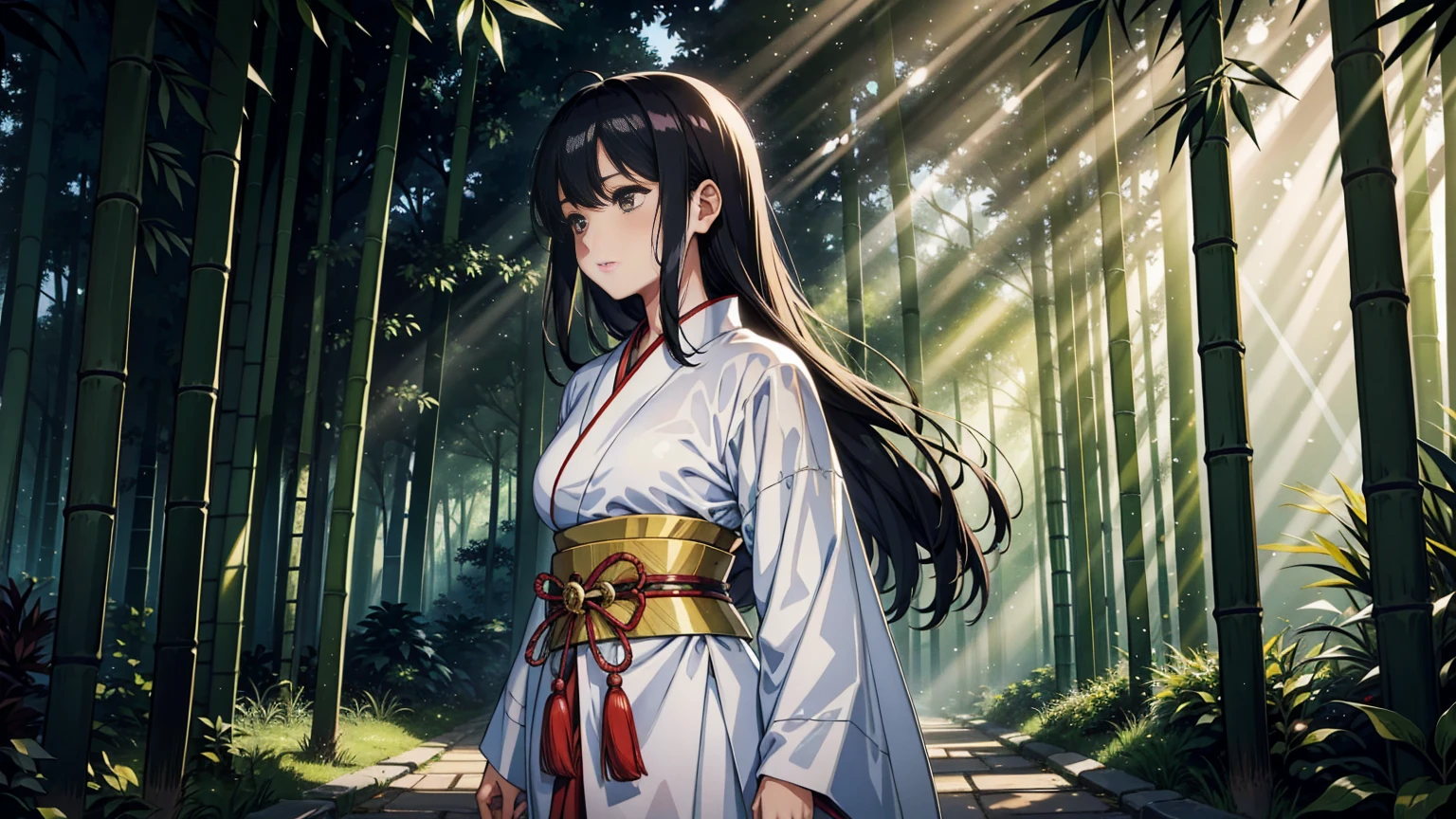 A female samurai in traditional Japanese attire traveling through a dimly lit bamboo forest. She has a calm and determined expression on her face, with long, flowing black hair. She is walking with her katana sheathed at her side, and her hand is not on the hilt. The bamboo forest is dense, with tall, green stalks casting shadows. The scene has a mystical and serene atmosphere, with rays of moonlight piercing through the canopy, illuminating her path. Her kimono is detailed with intricate patterns, and the folds of the fabric are finely drawn, showing movement as she walks.