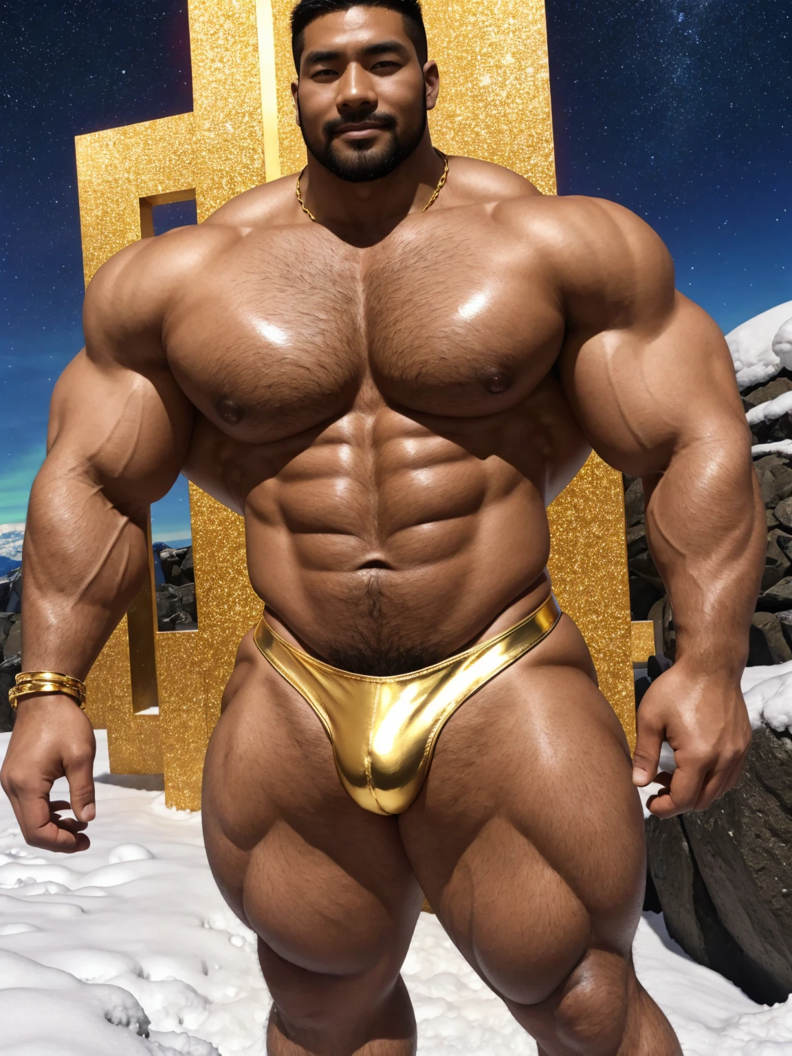 There is only one handsome Chinese man in the photo，35 years old，tall, Fitness，Smooth body，Smooth skin，No chest hair，short hair, O-Shaped Beard，Perfect body, Dark skin color，Radiant Skin，Smooth skin，Shiny, shiny skin，Smooth pectoral muscles，Muscle bulge, muscular, Very large pectoral muscles，Very sexy abdominal muscles，Very well-developed leg muscles，Huge concave and convex area，Brightens oily skin，Wearing a shiny gold leather thong，Handsome face，Normal human toes，Correct and accurate male body proportions，Gold Collar，Gold bracelet，Gold anklets，Standing in the snow，Night sky，A sky full of stars，There are auroras，Colorful，Charming dream scene，Epic。
