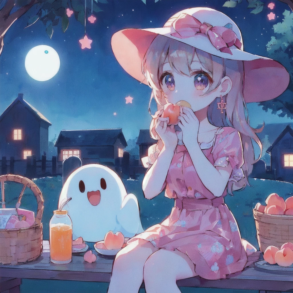 Anime girl sitting on a bench next to a ghost and eating a peach, Cute art style, Pale young ghost girl, Lo-fi Girl, Cute Anime girl, pretty girl, Splash art anime , 80s anime style,Anime Style 4k, High quality anime art style, Cute Anime, pretty girlのアニメビジュアル, Cute Anime style, Anime-style illustrations, Nightcore