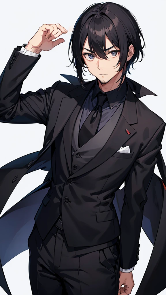 male、32 years old、less beard、Tired face、Glaring eyes、Long bangs parted、Shot from the thigh up、Are standing、looking at the camera、Black suit、Plain white background、Single、Japanese salaryman、Simple poses