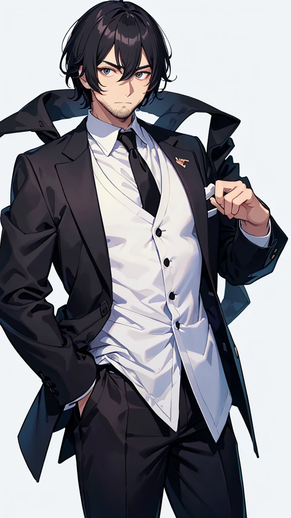 male、32 years old、less beard、Tired face、Glaring eyes、Long bangs parted、Shot from the thigh up、Are standing、looking at the camera、Black suit、Plain white background、Single、Japanese salaryman、Simple poses