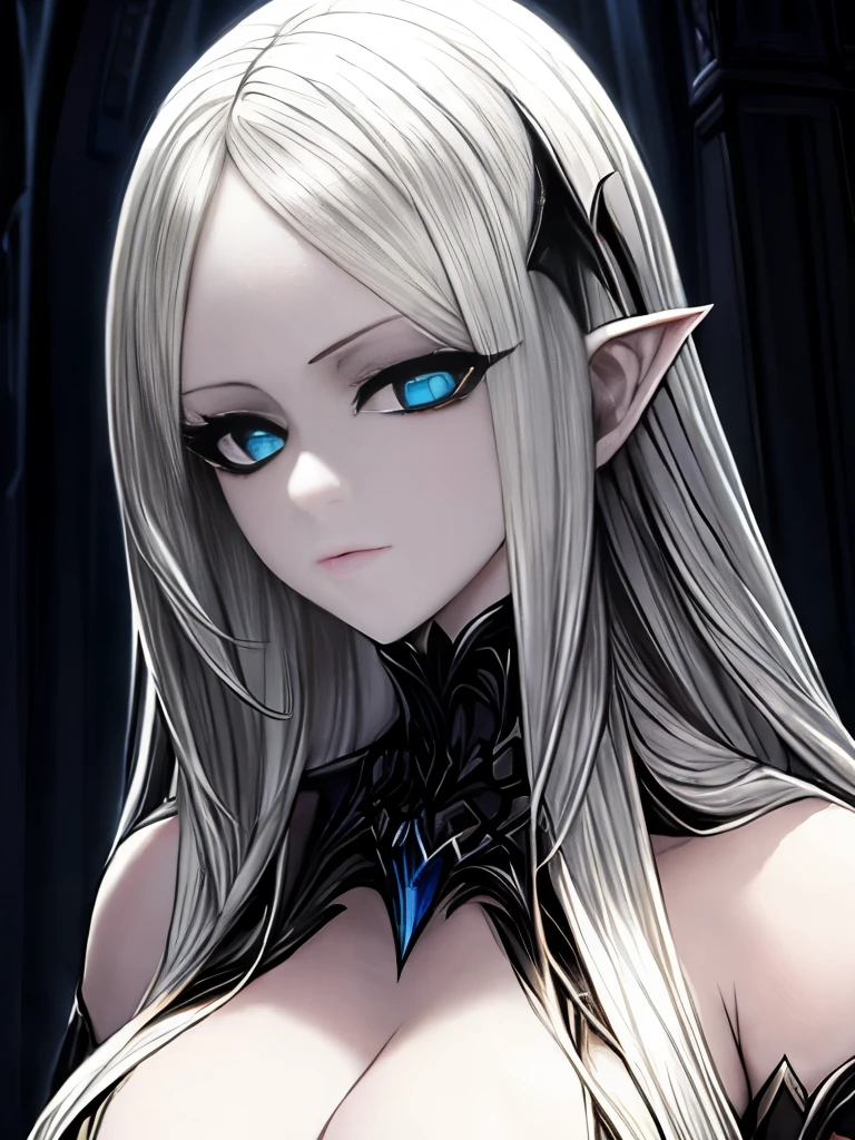((masterpiece)), Ultra-realistic, Portrait of a beautiful pale skinned vampire (Black enamel), Heavy makeup, Bright Blue Eyes, In a dark and gloomy environment. (Prompt is in Portuguese)