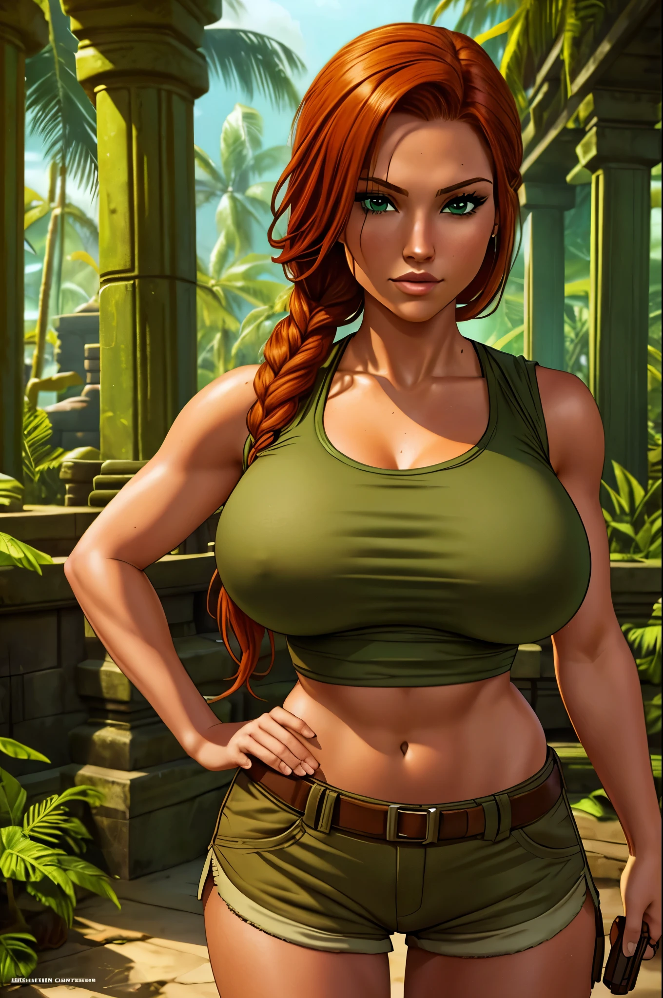 Jennifer Korbin, ginger hair, cosplaying lara croft, tan shorts, green top, jungle temple