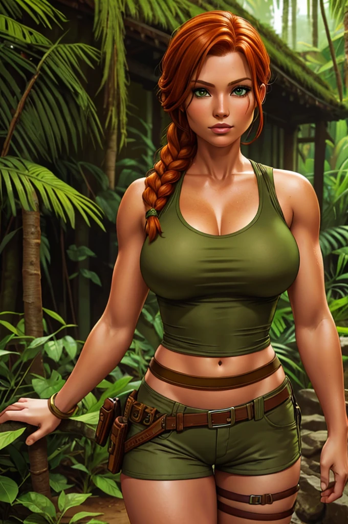 Jennifer Korbin, ginger hair, cosplaying lara croft, tan shorts, green top, jungle temple