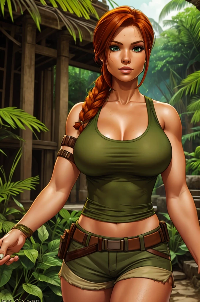 Jennifer Korbin, ginger hair, cosplaying lara croft, tan shorts, green top, jungle temple