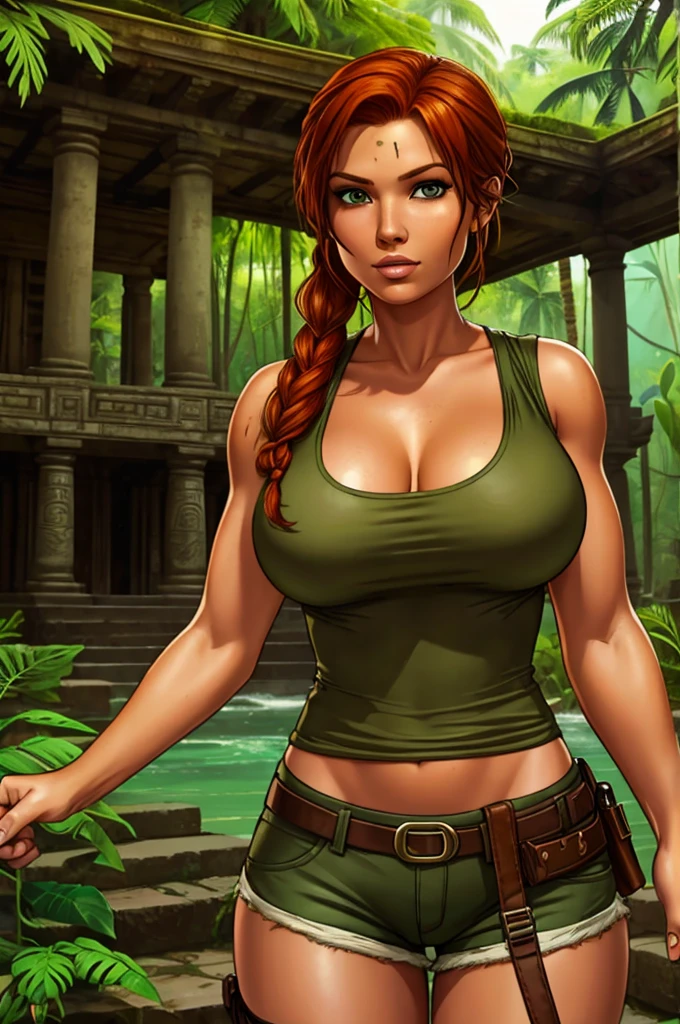 Jennifer Korbin, ginger hair, cosplaying lara croft, tan shorts, green top, jungle temple