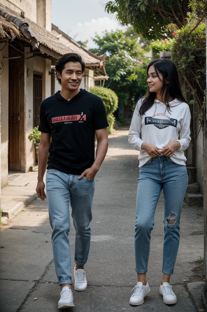 The image looks very real. A love film poster entitled (Joko Tolle & Sandra), the film title letters are very aesthetic and beautiful written under the male actor written (Joko). and the female actor's name is written (Sandra). The film title is written below. Make sure all letters are written correctly. The film shows the love of young Indonesian people, a romantic photograph of the two of them on a stunningly beautiful beach with high resolution, facing forward looking at the camera. a beautiful Indonesian woman with black hair, smiling faintly, wearing a white long-sleeved t-shirt, wearing long black jeans, wearing women's shoes. he was with a handsome Indonesian man wearing a short-sleeved hoodie, long jeans, cool men's shoes, with a faint smile on his face. Background in a tourist villa, beautiful natural scenery, real and clear realistic image, poster, cinematic, typography, realistic