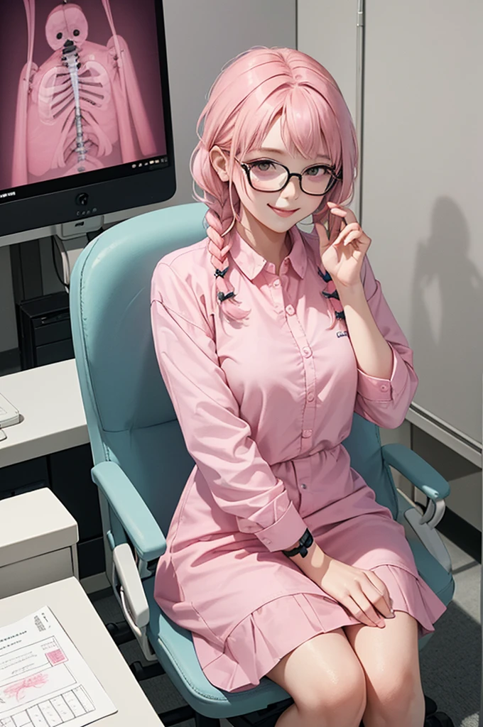 1 girl, age 5-6 years ,Solo, sitting (Looking at the audience), (pink shirt:1.5), long skirt ,Stylish clothes young woman wearing glasses /(pink hair/) Braided hair, smiling kindly (The best quality masterpiece:1.2) , Delicate illustrations, Special details, (hospital examination room) In the building, desk (X-ray image of the lungs:1.2) Detailed background